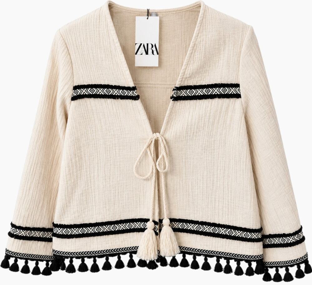 Zara Cream Black Fringe Tassel Boho Jacket Large NWT